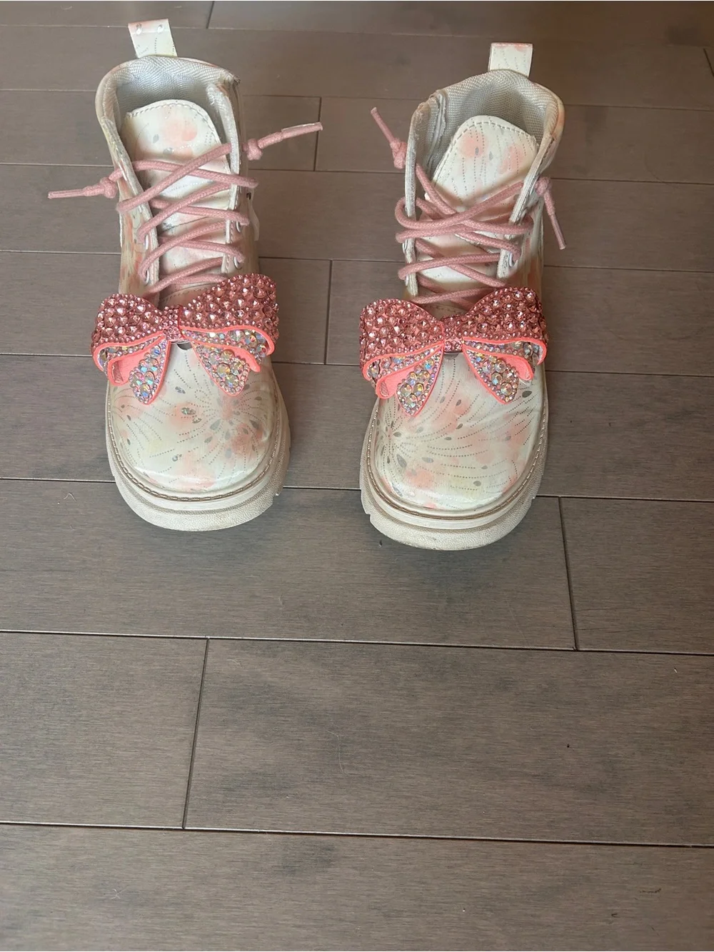 Lola + the boys -Kids Floral Pink Lace-Up Boots with Sparkle Bows